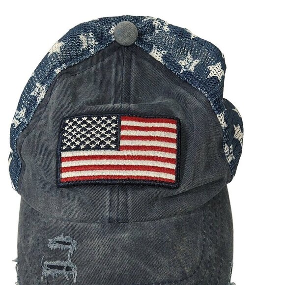 CC Exclusives Denim Strapback Cap Women One Size US Flag Broken-in Ripped - Picture 2 of 7